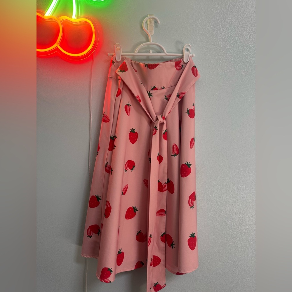 Elle Pink A-Line Skirt with Red Strawberry Print